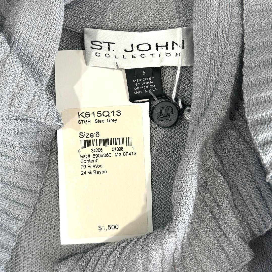St. John Light Grey Santana Knit Long Ruffled Kelly Coat – Belted – Size 6 (Fits 8) - NWT $1,500