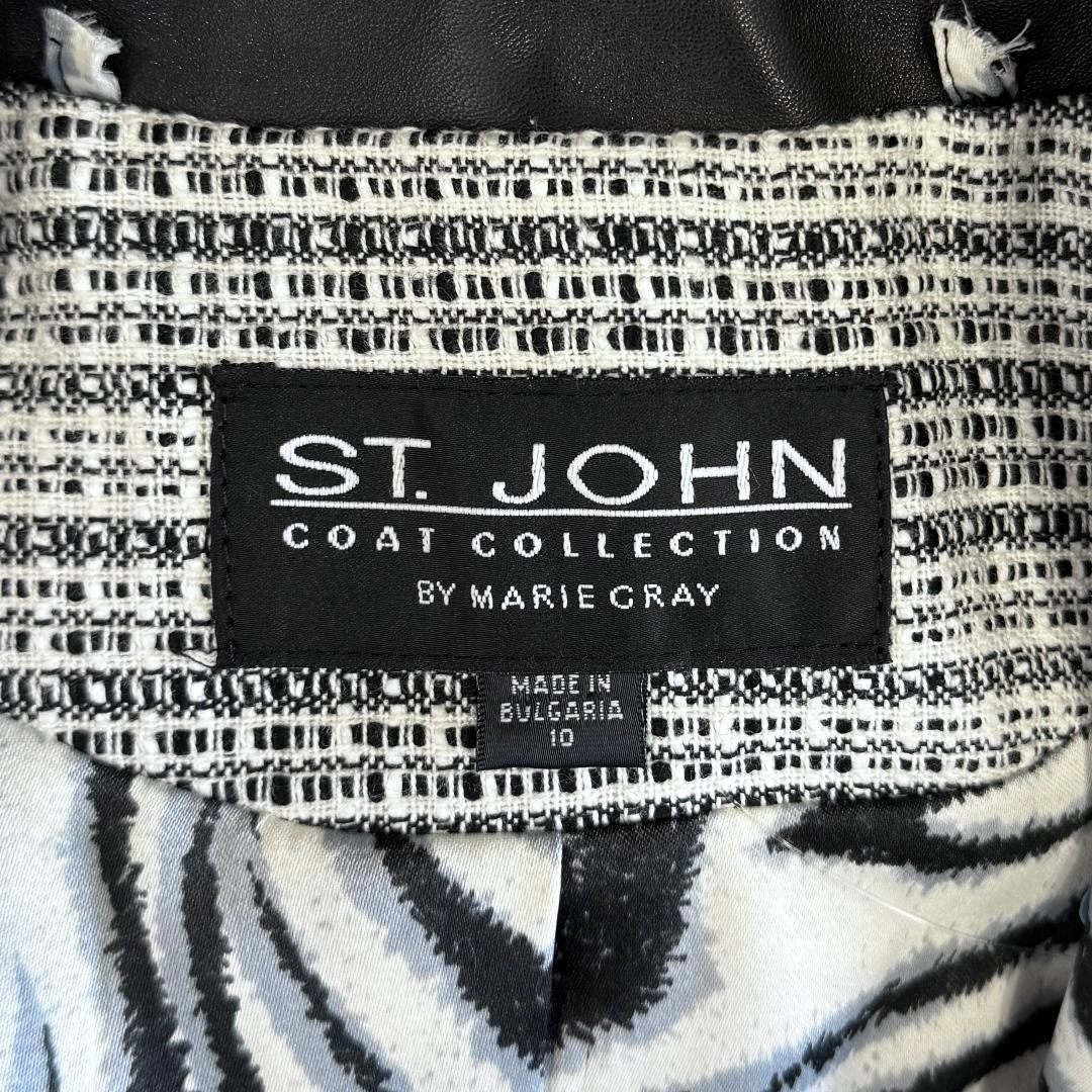 St. John Black & White Textured Wool-Blend Knit Coat – Fringe Trim & Leather Detail – Size 10