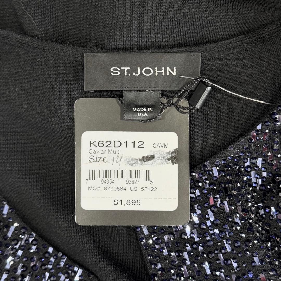 St. John Black Wool Blend Evening Coat – Blue Crystal Paillettes – Size 14 - NWT $1,895