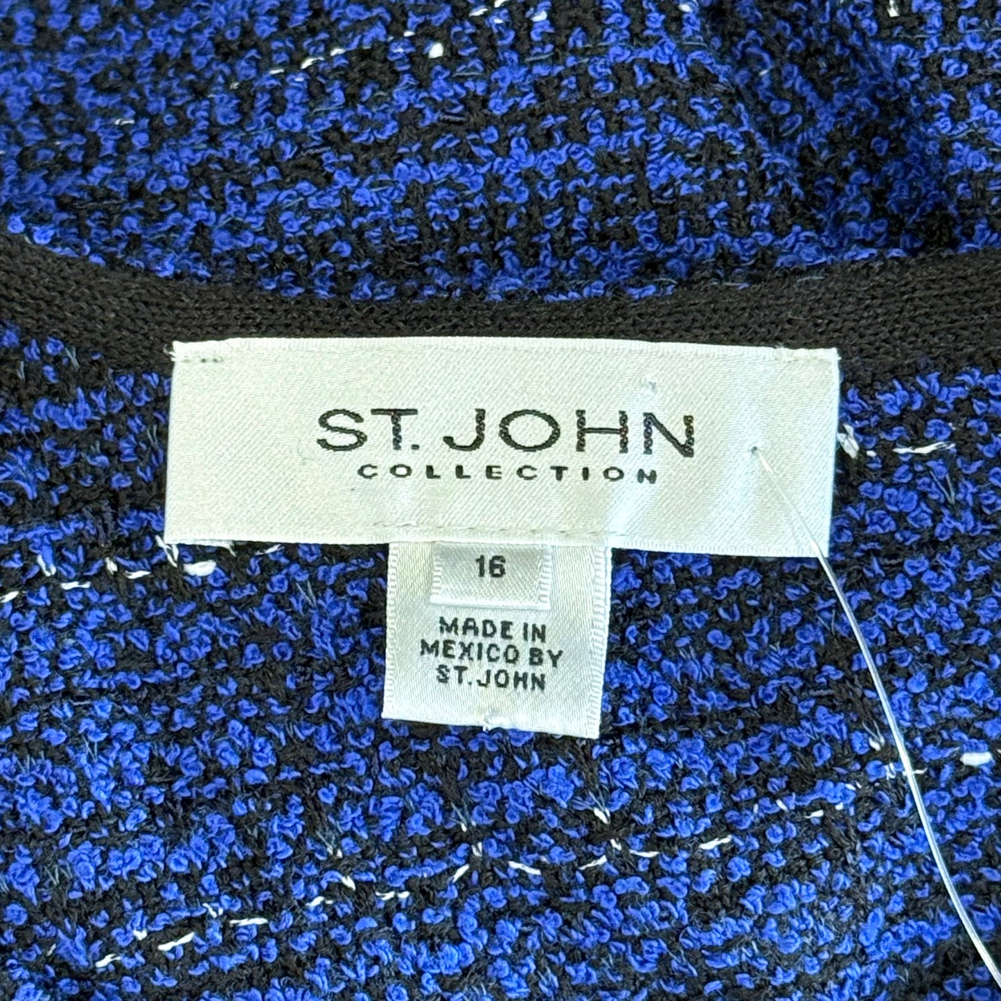 St. John Black, Blue & White Textured Santana Knit Dress – Size 16