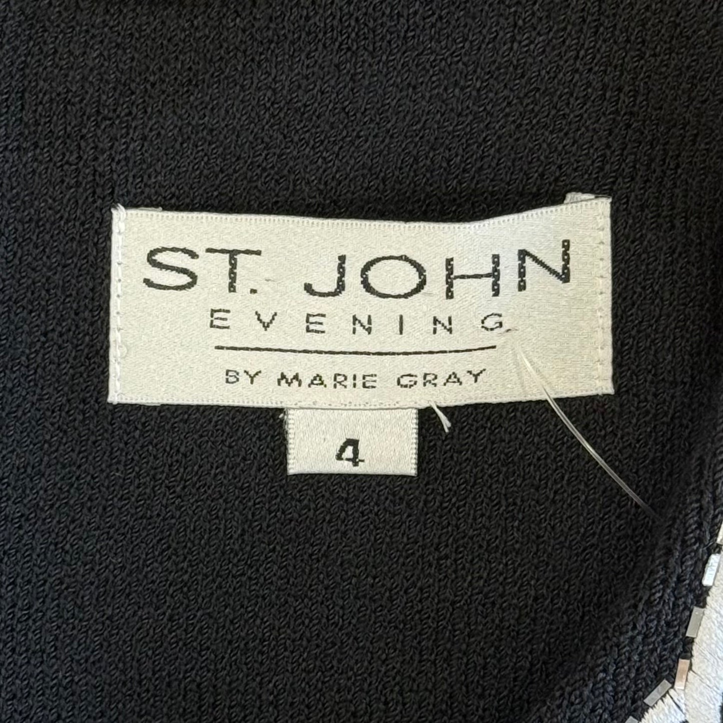 St. John Black Santana Knit Evening Dress – Embroidered Trim & Silver Paillettes – Size 4