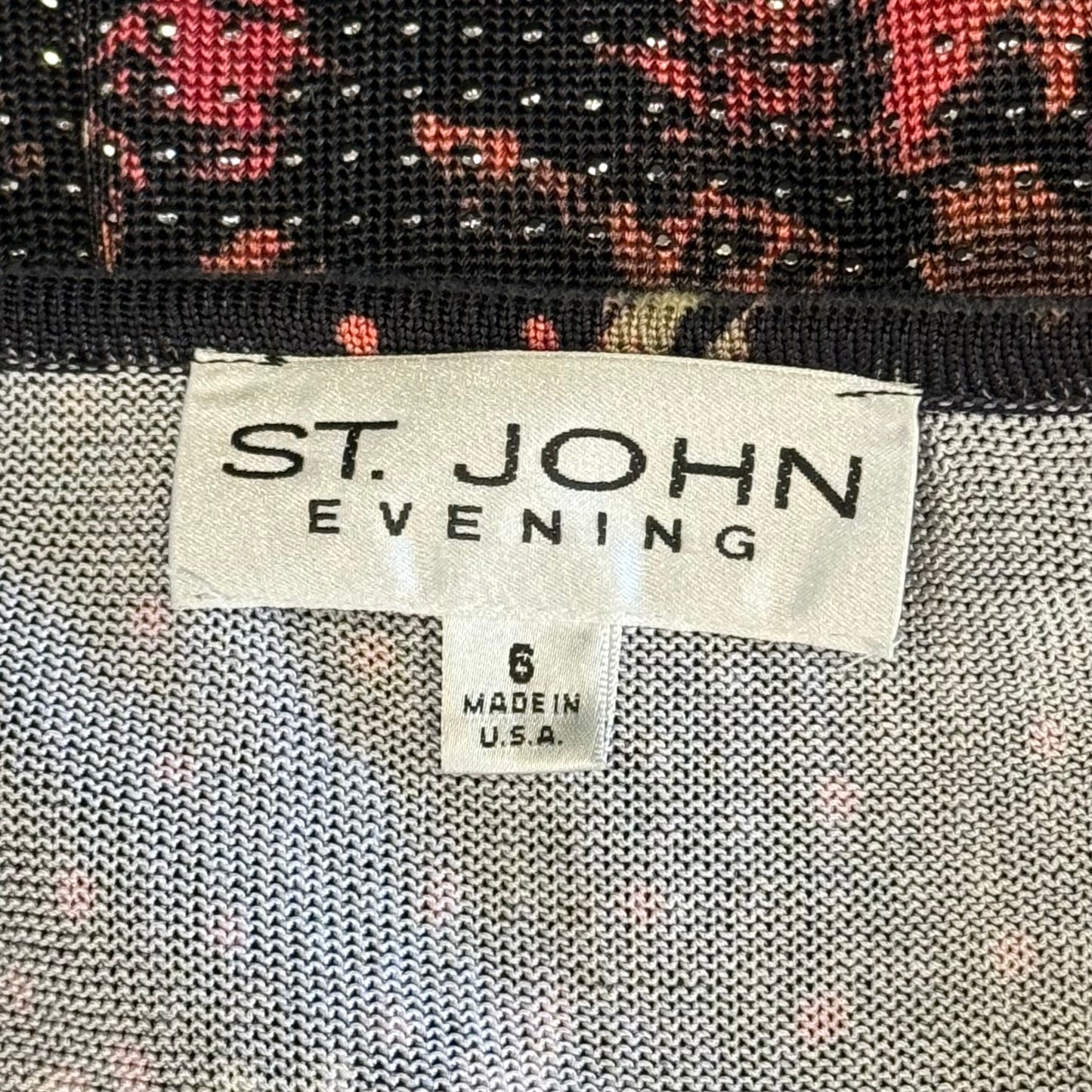 St. John Black & Pink Floral Knit Evening Dress – Paillette Detail – Size 6