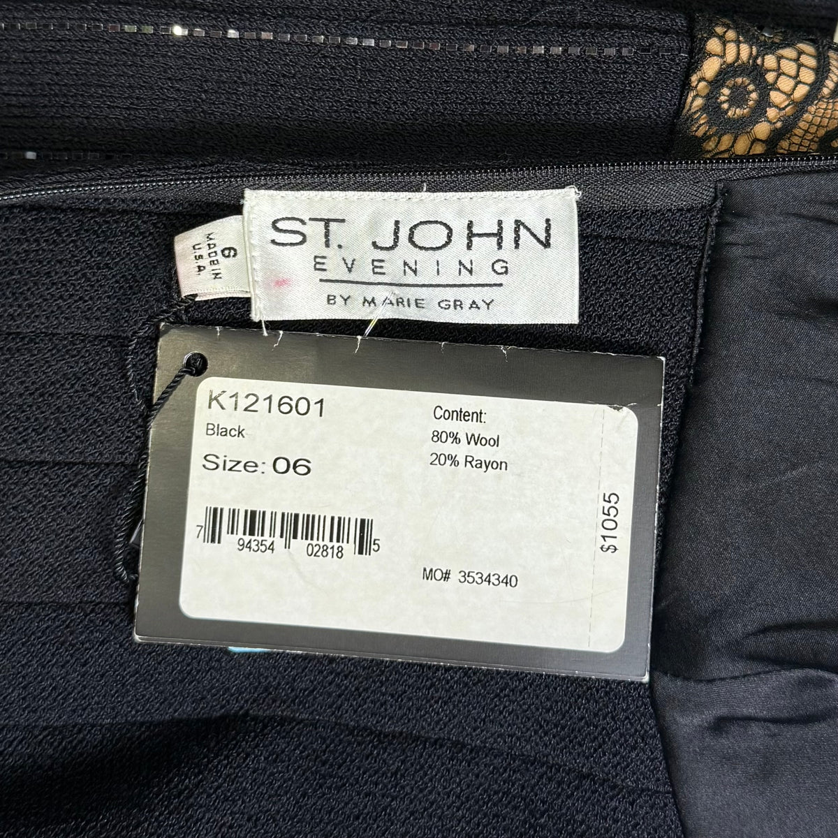 St. John Black Santana Knit Evening Dress – Lace Bodice & Paillette Detail – NWT