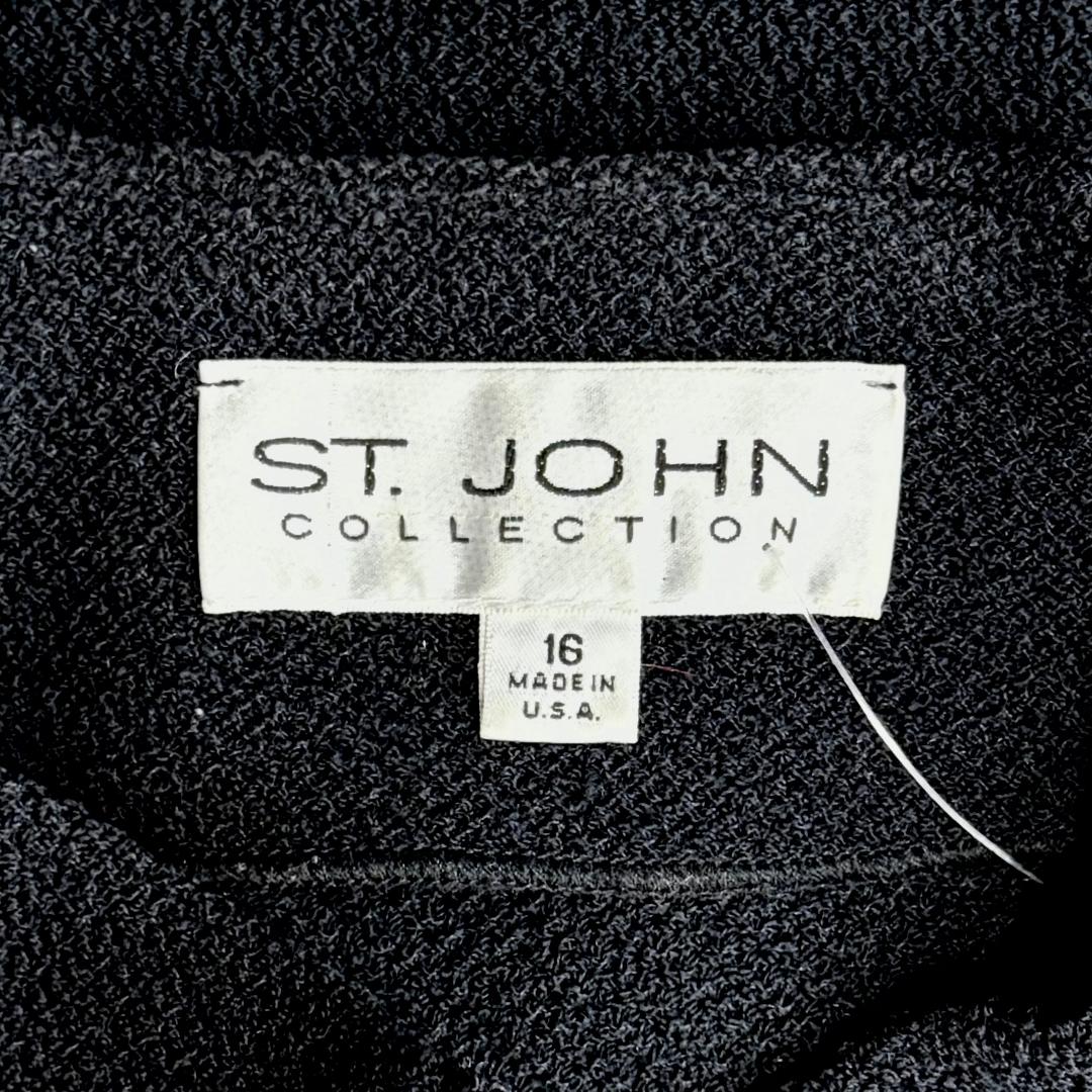 St. John Black Santana Knit Zip Jacket – Leather & Buckle Detail - Size 14/16