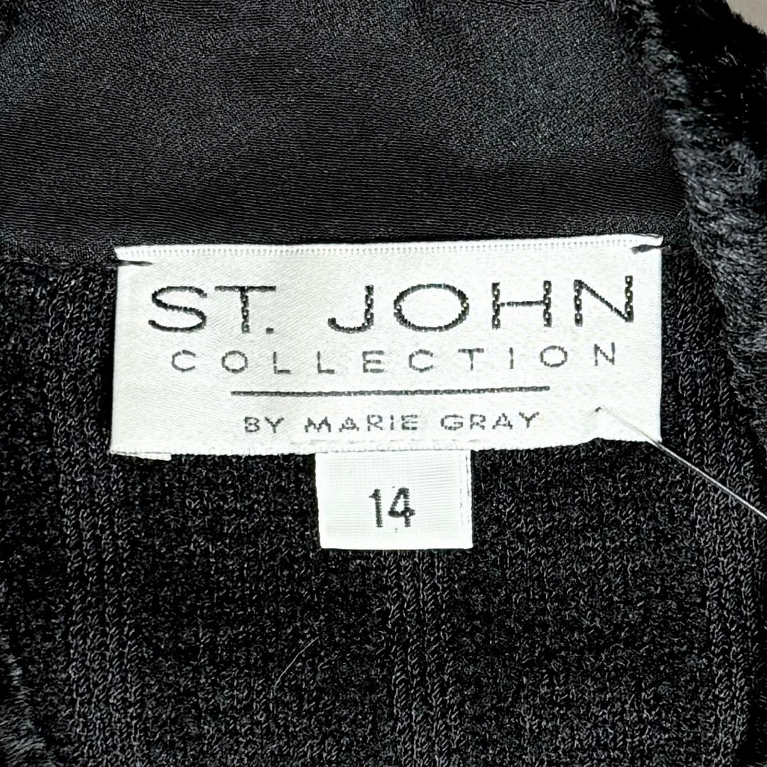 St. John Black Chenille Zip Jacket - Gold Buckle Accents & Velvet Trim - Size 14