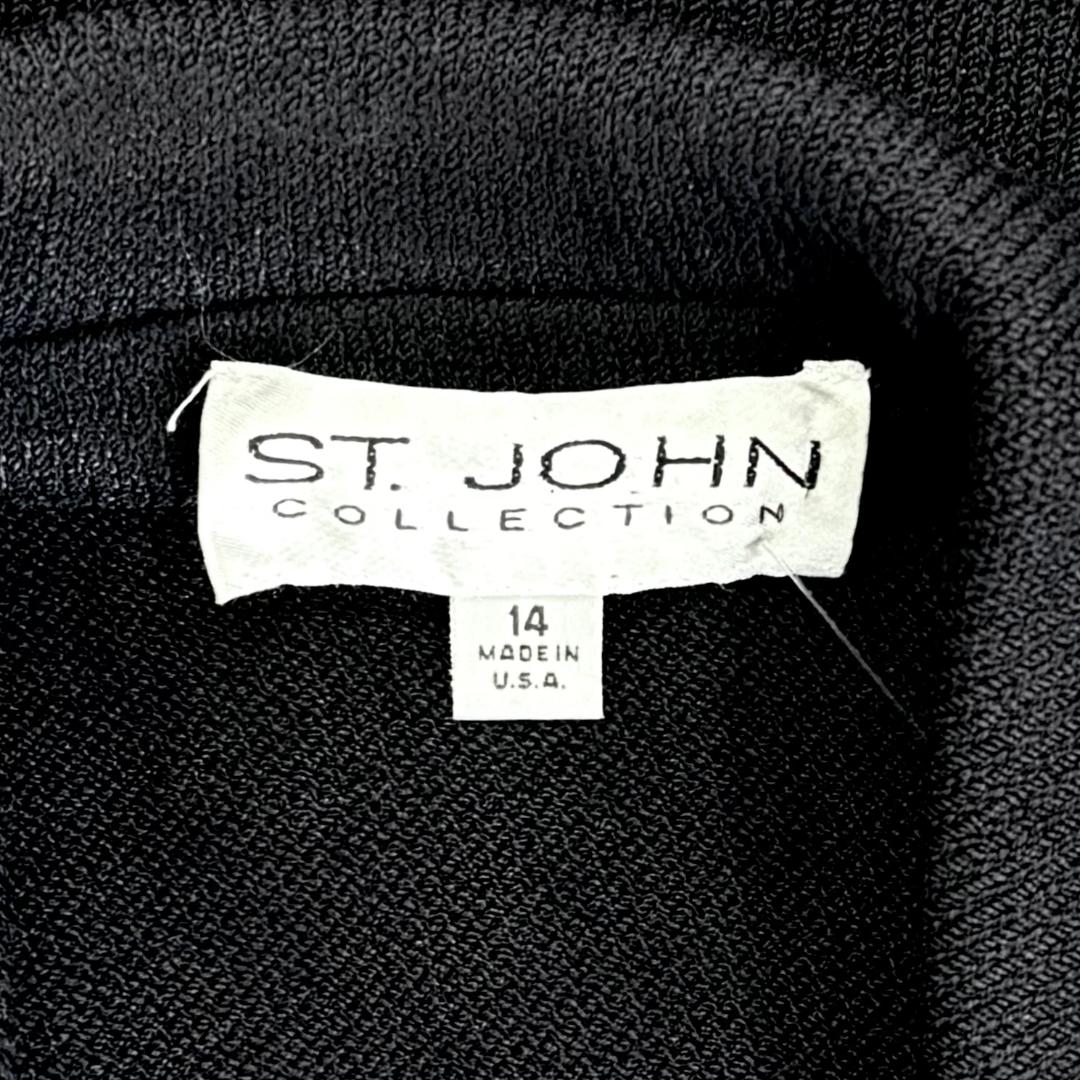 St. John Classic Black Santana Knit Jacket with Gold Logo Zipper - Size 14