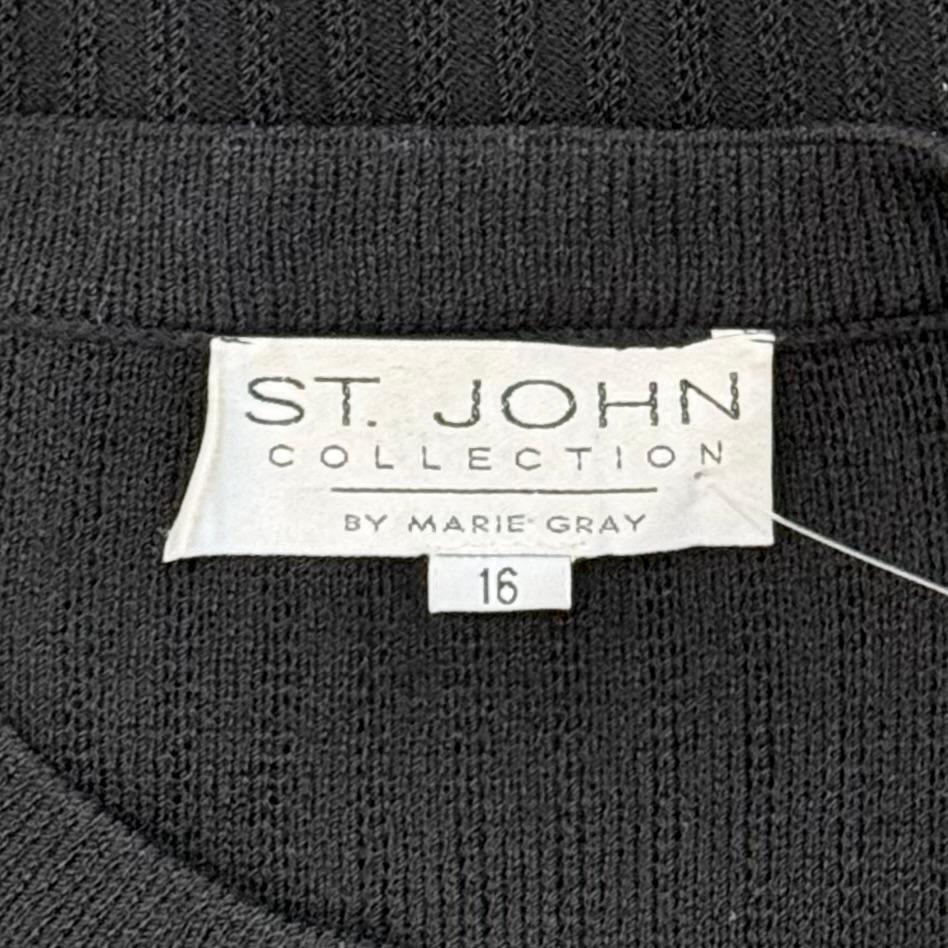 St. John Classic Black Santana Knit Jacket - Gold Buttons & Ribbed Detailing - Size 16