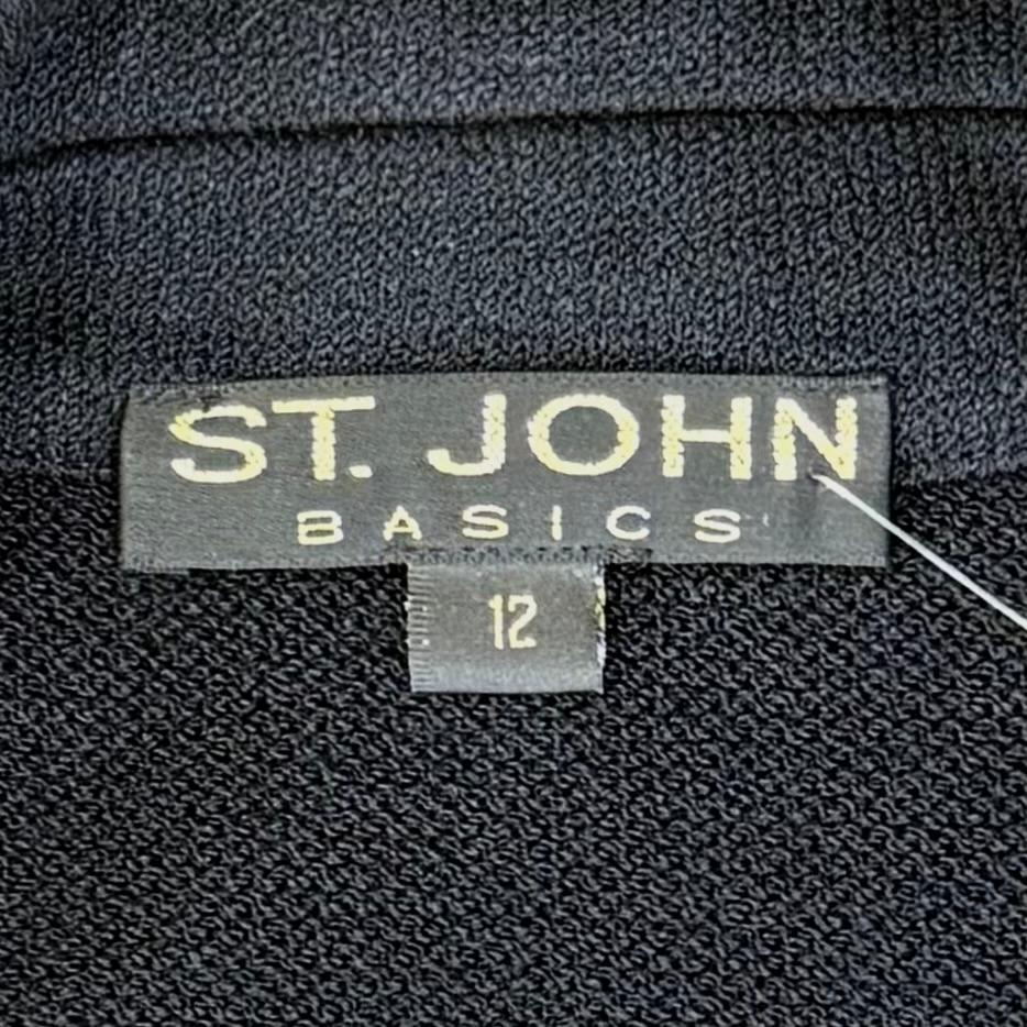 St. John Classic Black Santana Knit Long Jacket with Gold Crest Buttons - Size 12