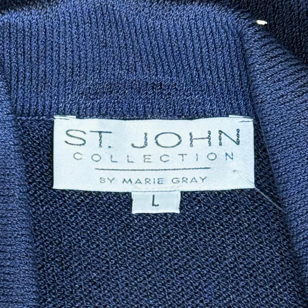 St. John Classic Navy Santana Knit Long Jacket with Gold Button Accents - Size L/16