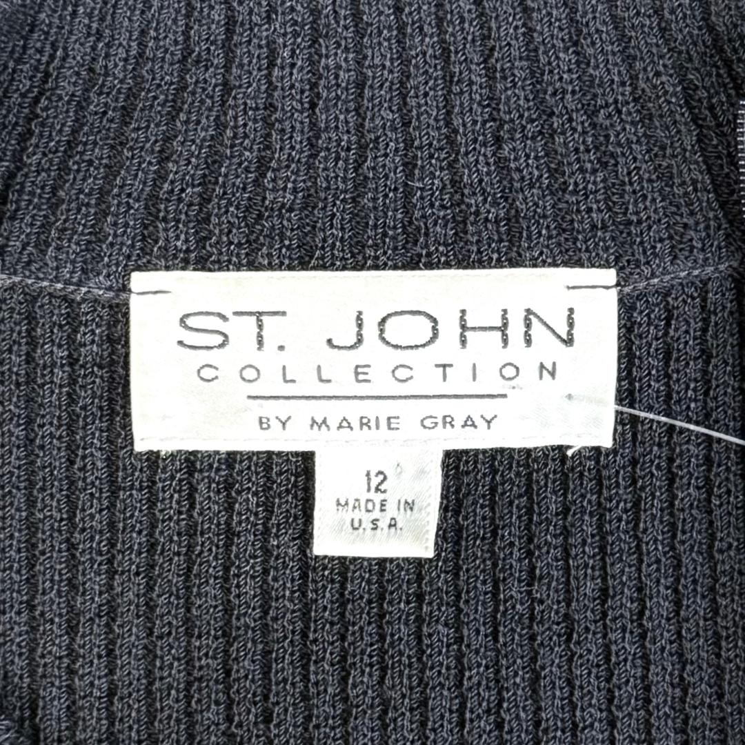 St. John Black Santana Knit Long Jacket - Textured Ribbing and Gold Zipper – Size 12/14