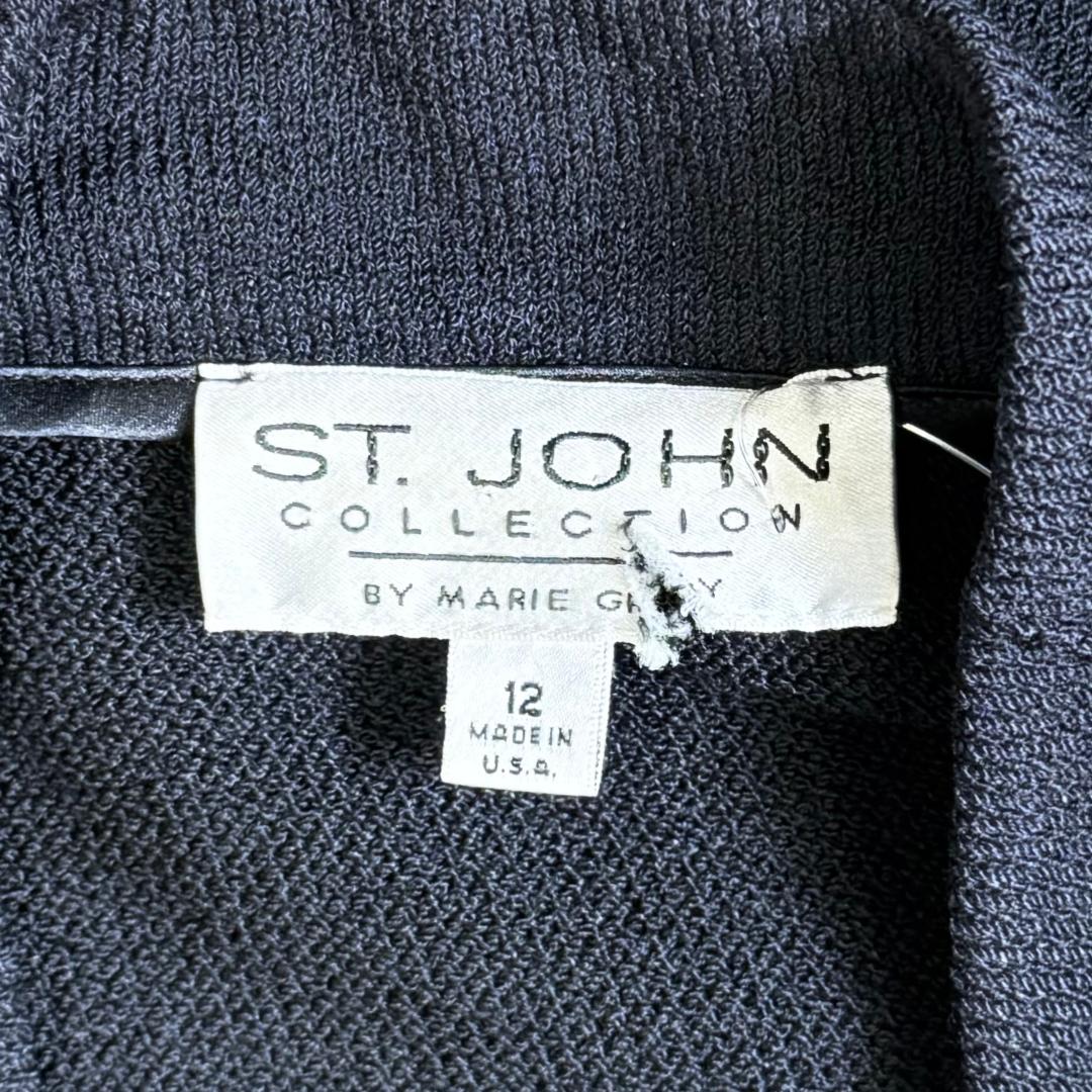 St. John Black Santana Knit Jacket with Fringe, Leather Trim & Heart Buttons - Size 12
