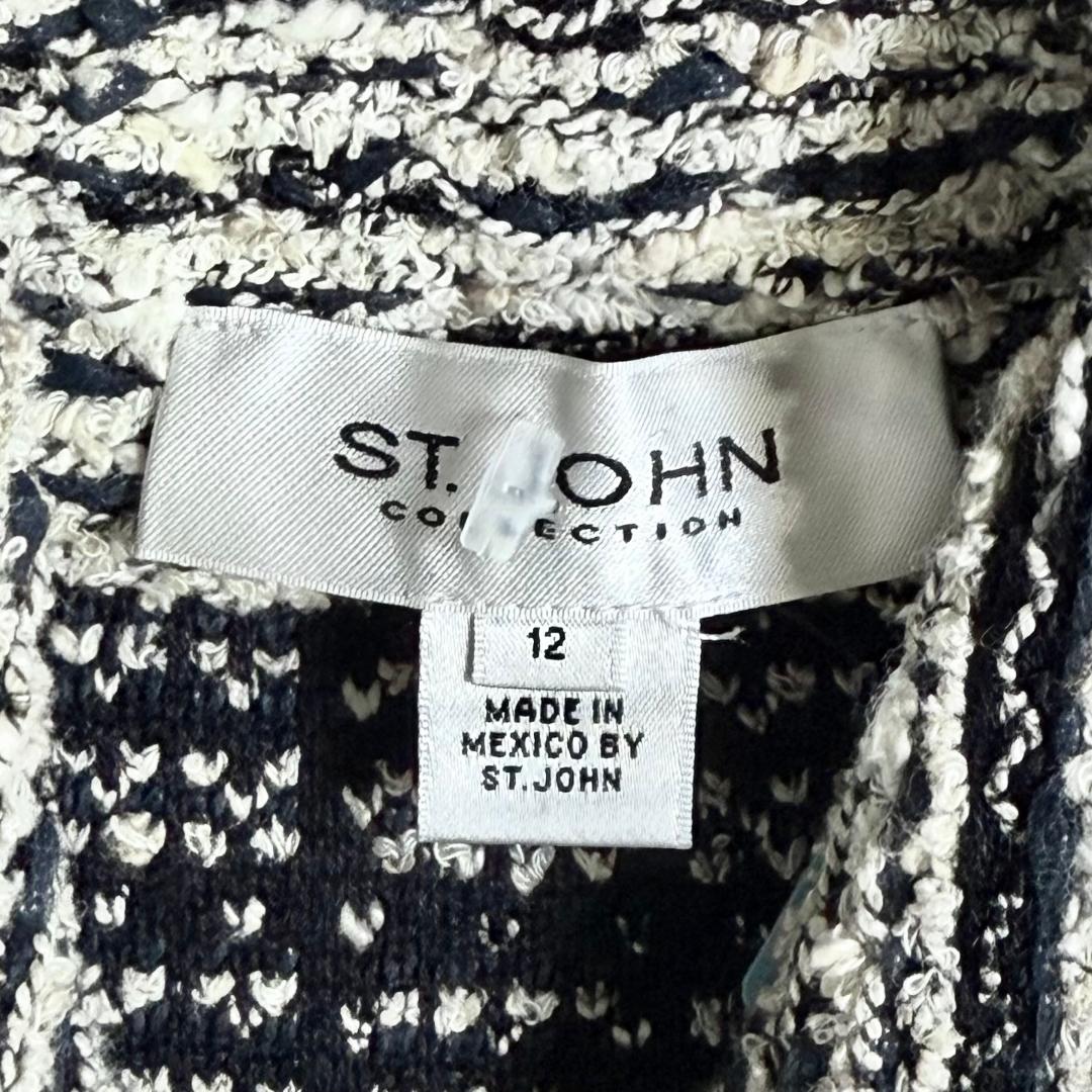St. John Black & White Textured Knit Jacket with Logo Buttons - Size 12