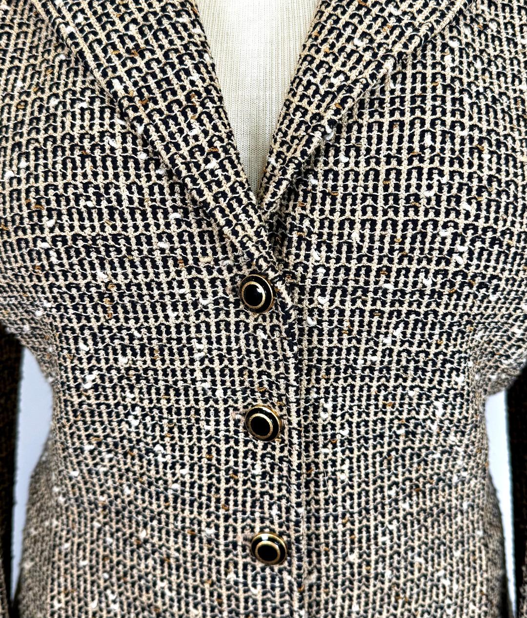St. John Black & Beige Multi-Color Textured Wool-Blend Jacket – Gold-Accent Buttons - Size 12
