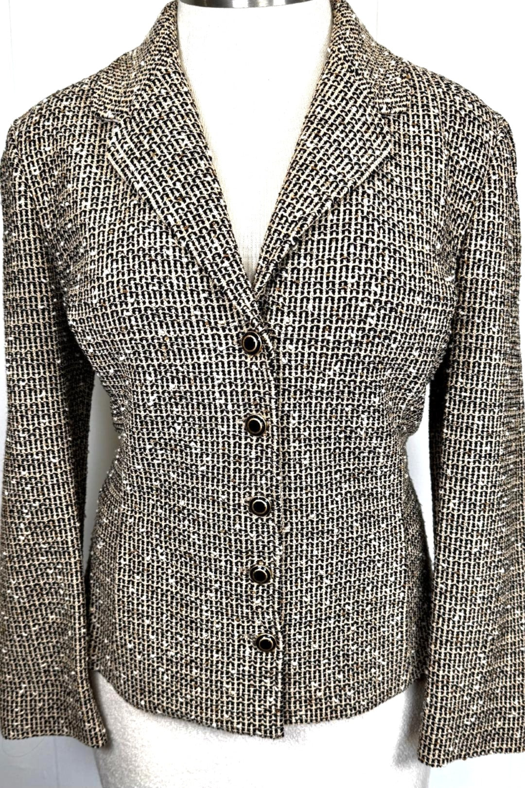 St. John Black & Beige Multi-Color Textured Wool-Blend Jacket – Gold-Accent Buttons - Size 12