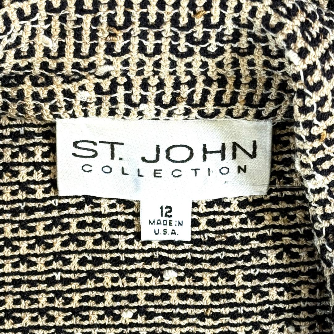 St. John Black & Beige Multi-Color Textured Wool-Blend Jacket – Gold-Accent Buttons - Size 12