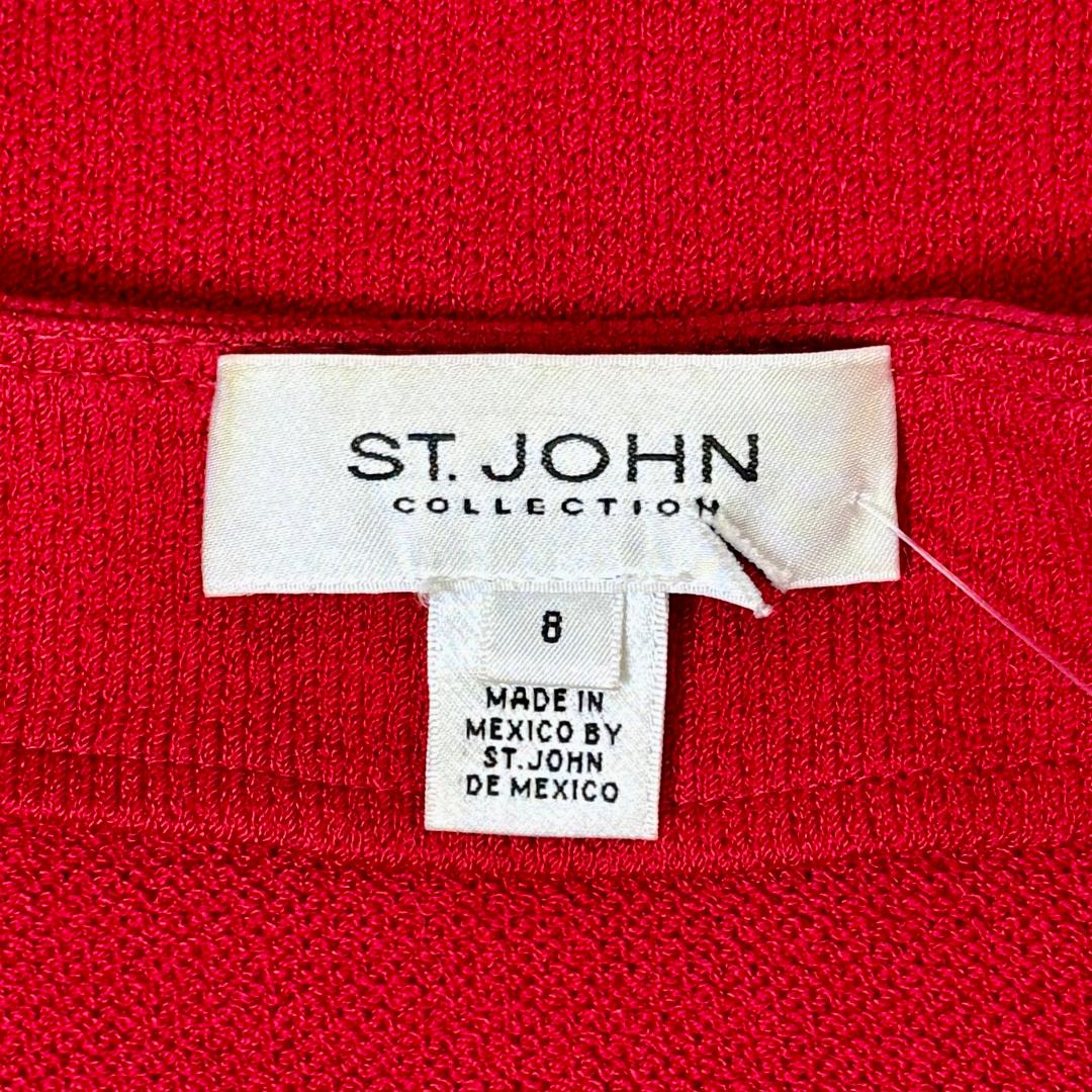 St. John Dark Red Santana Knit Jacket – Gold Logo Zipper & Circle Trim Detail – Size 8
