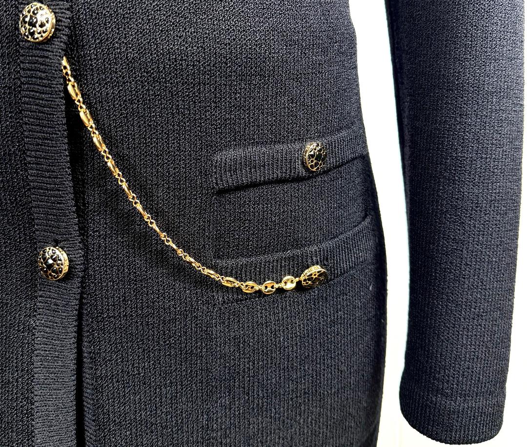 St. John Long Black Santana Knit Jacket – Gold Chain Detail & Logo Buttons – Size 10