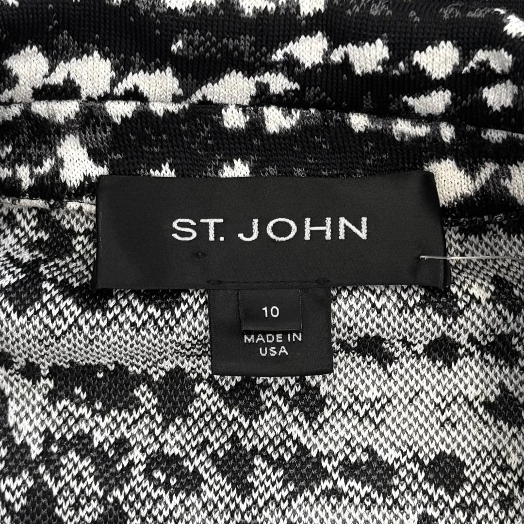St. John Black & White Print Rayon Wool Knit Jacket – Foldable Cuffs & Logo Buttons – Size 10