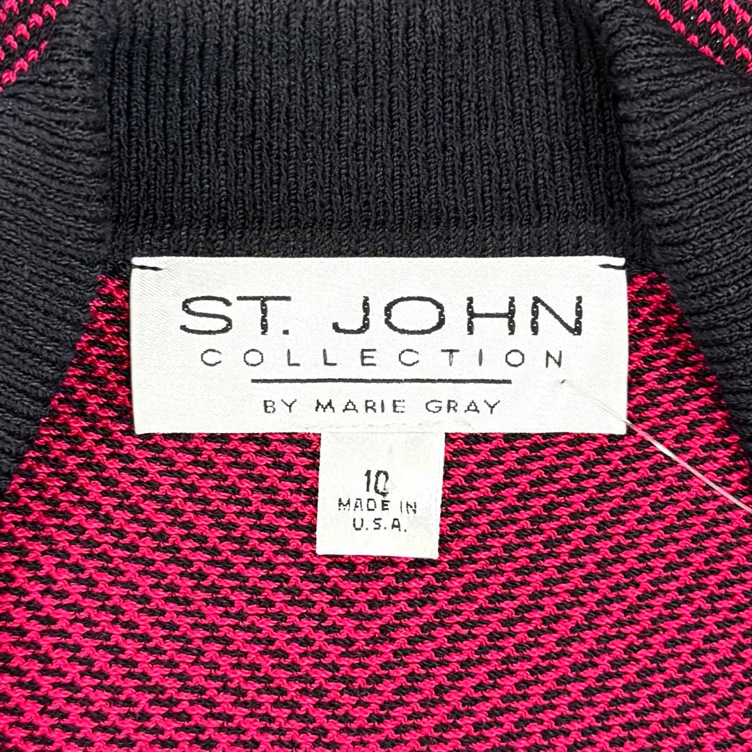 St. John Cranberry Red Santana Knit Jacket – Black Trim & Zip Front – Size 10