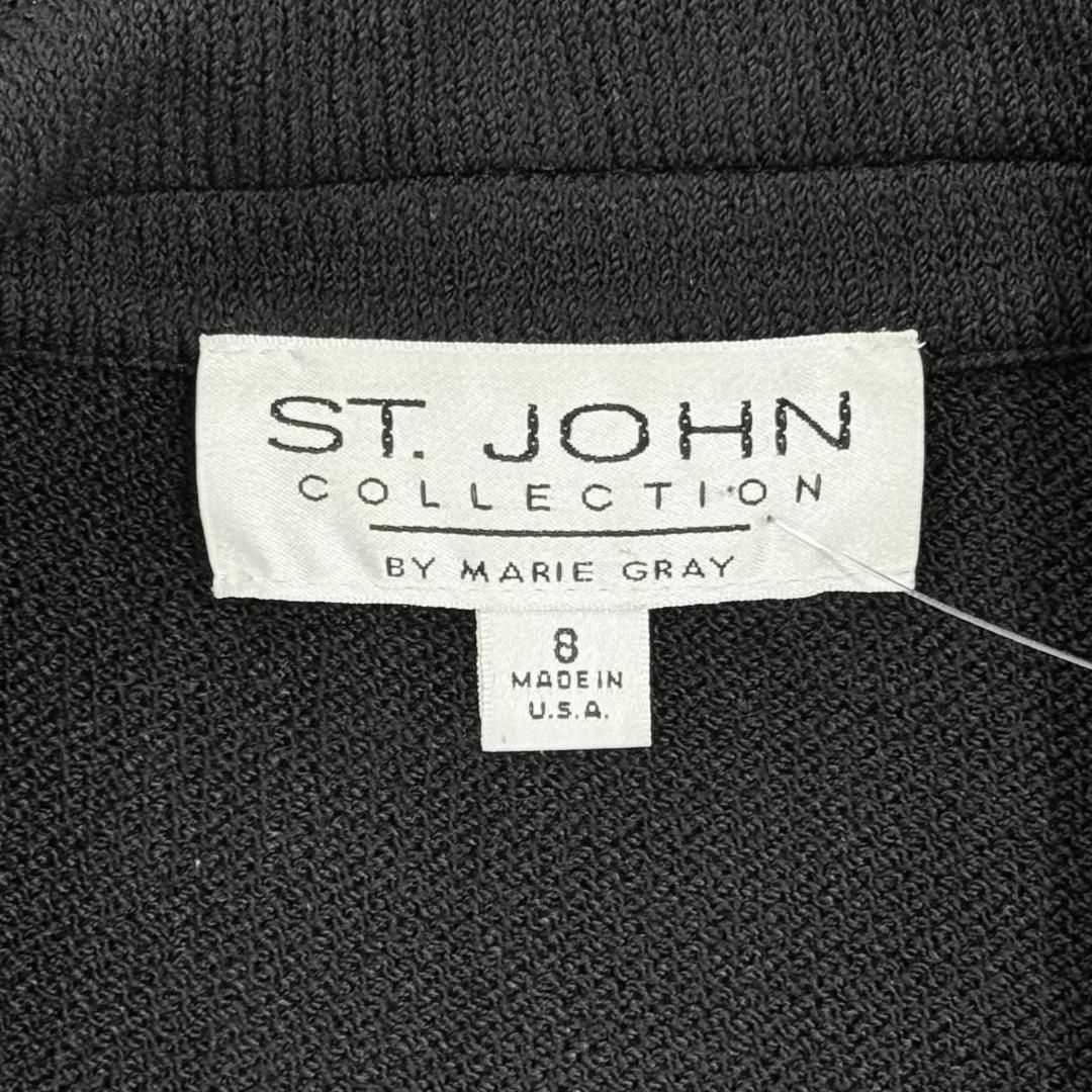 St. John Black Santana Knit Jacket – Notched Collar & Gold Logo Buttons – Size 8