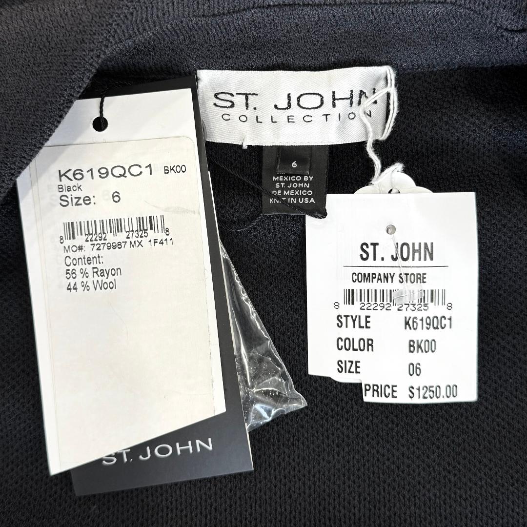 St. John Black Textured Knit Jacket – Contrast Buttons & Floral Cuff Detail – Size 6 - NWT $1,250