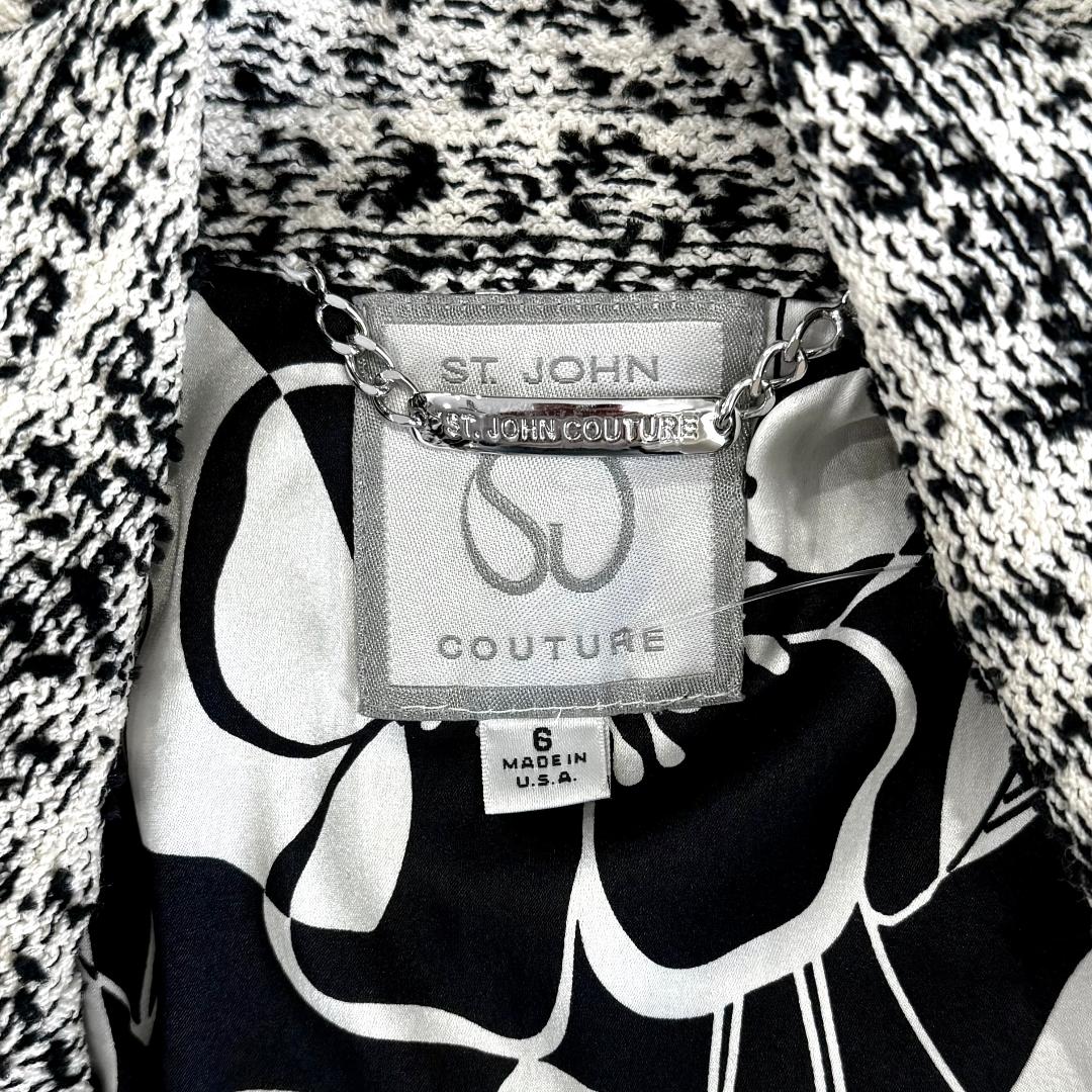 St. John Black & White Eyelash Yarn Couture Jacket – Paillette Trim & Logo Buttons – Size 6