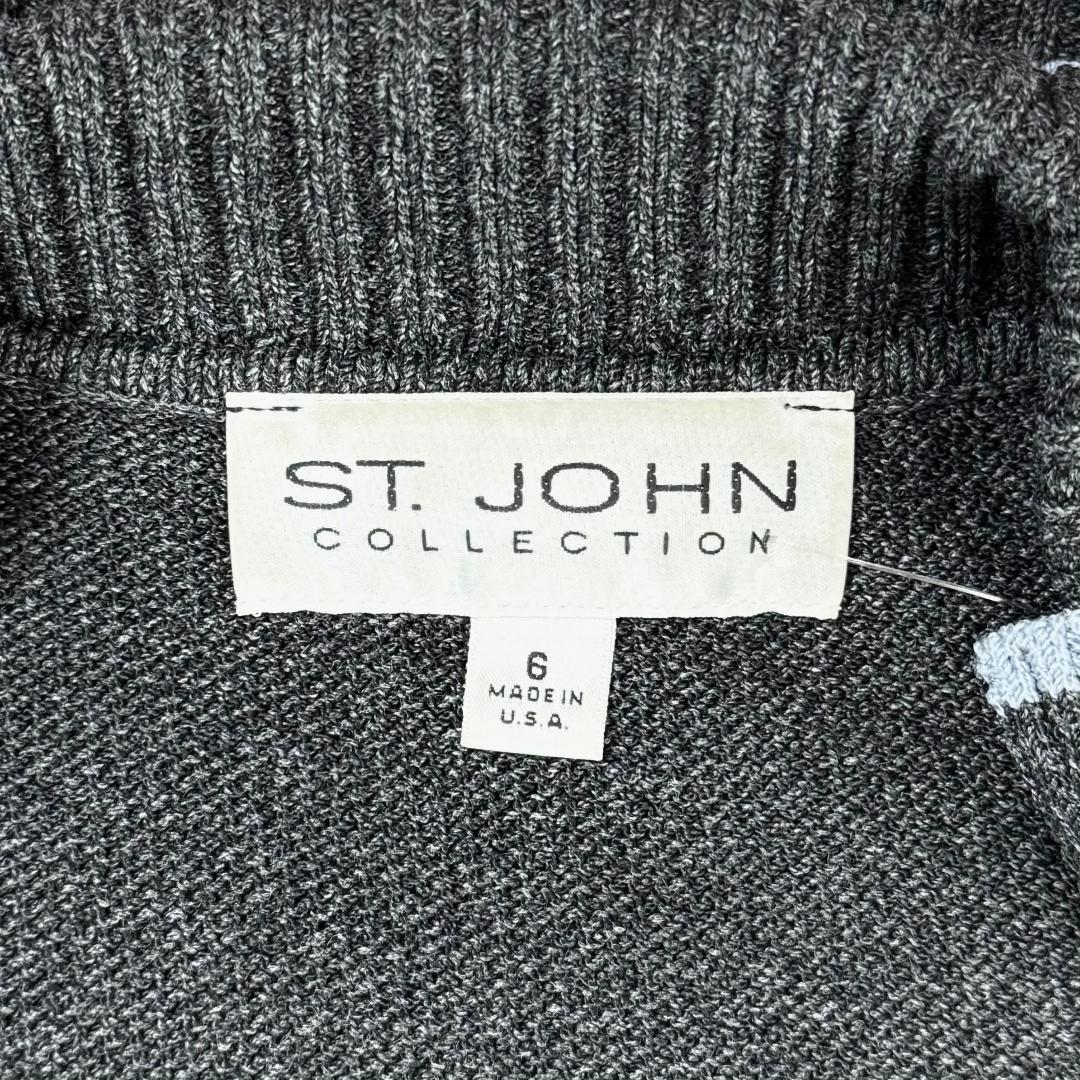 St. John Grey Santana Knit Jacket with Blue Trim – Popcorn Sleeve Detail – Zip Front - Size 6