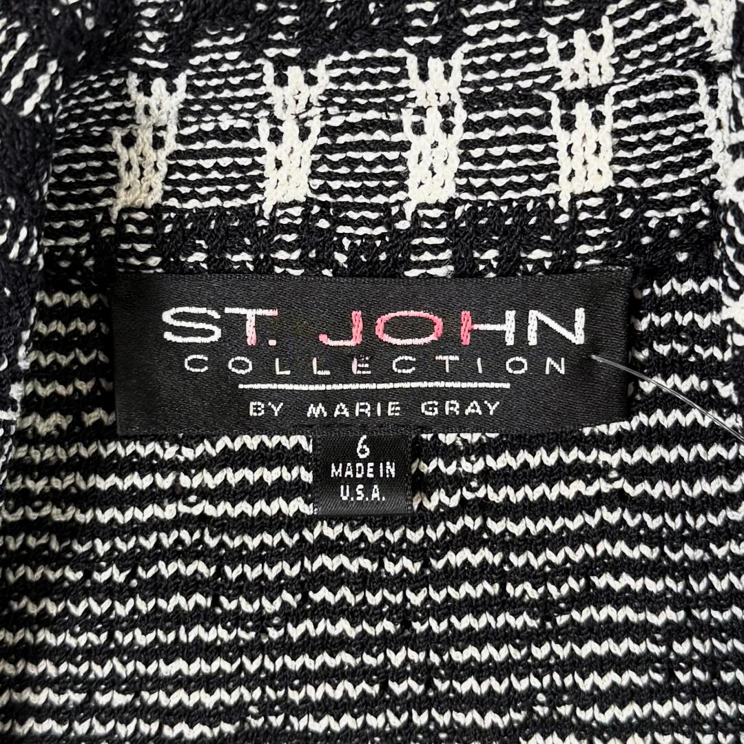 St. John Black & White Textured Santana Knit Long Jacket – Zip Front – Size 6