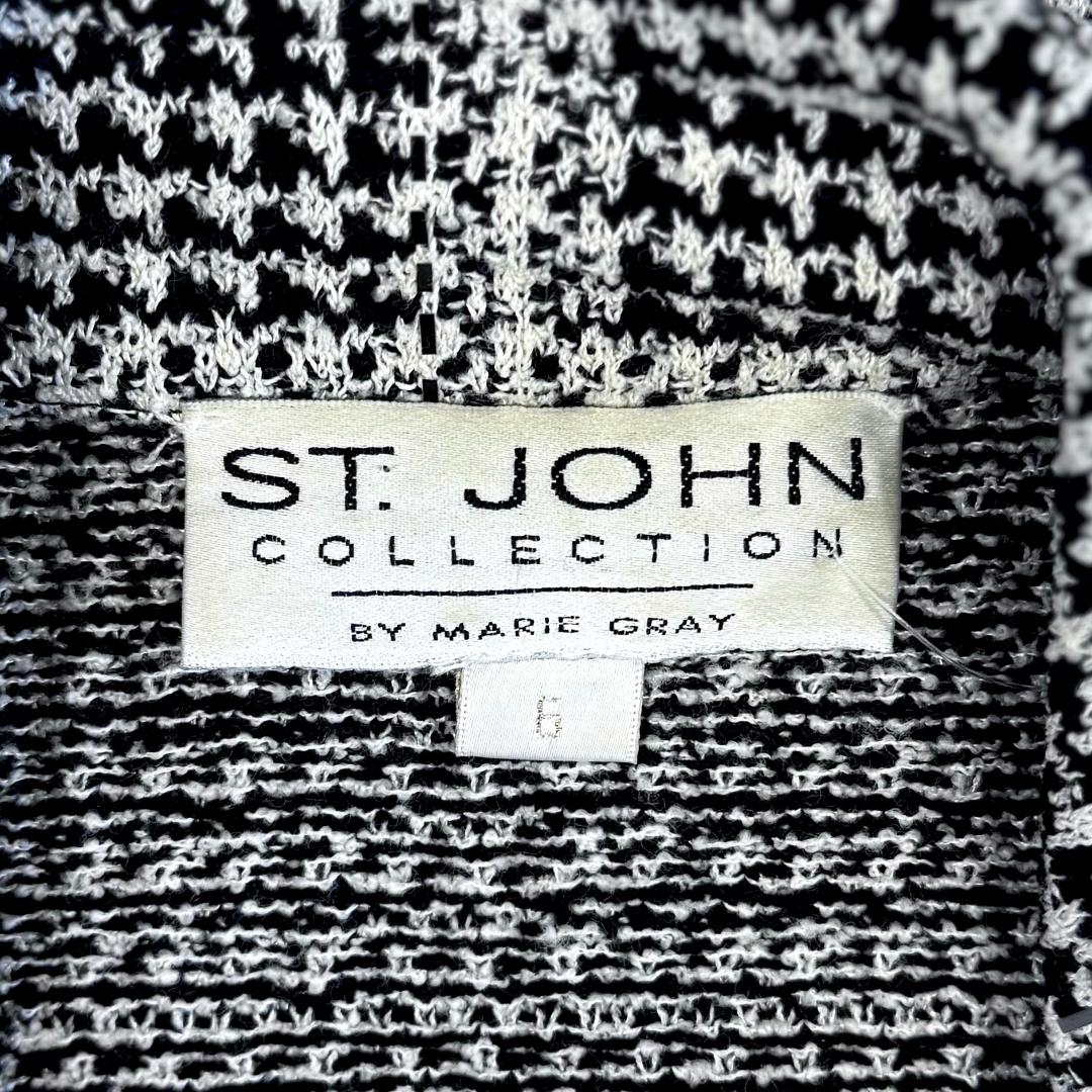 St. John Black & White Houndstooth Santana Knit Jacket – Zip Front & Contrast Trim – Size 6