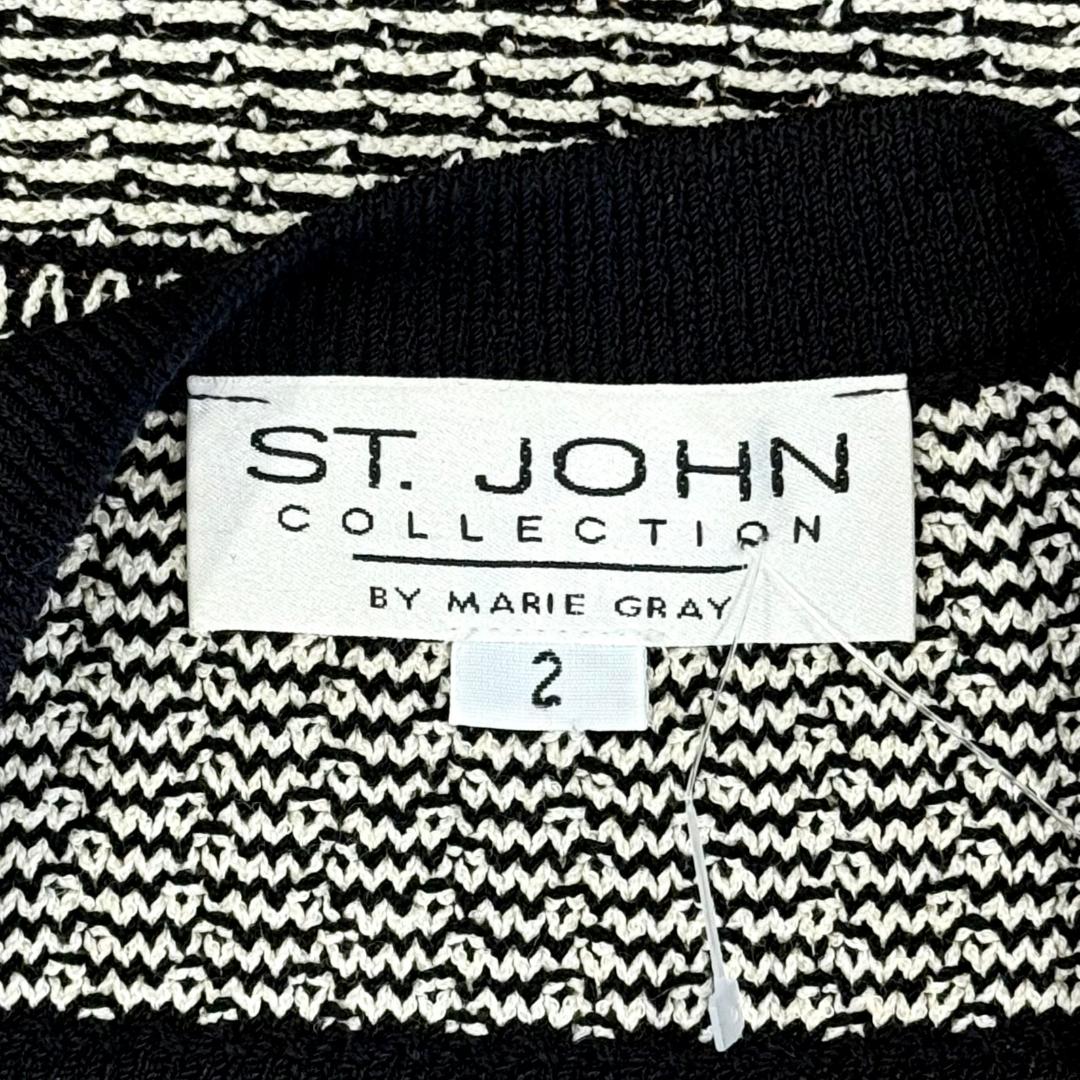 St. John Black & White Santana Knit Jacket – Gold & Black Clasp Closure – Size 2