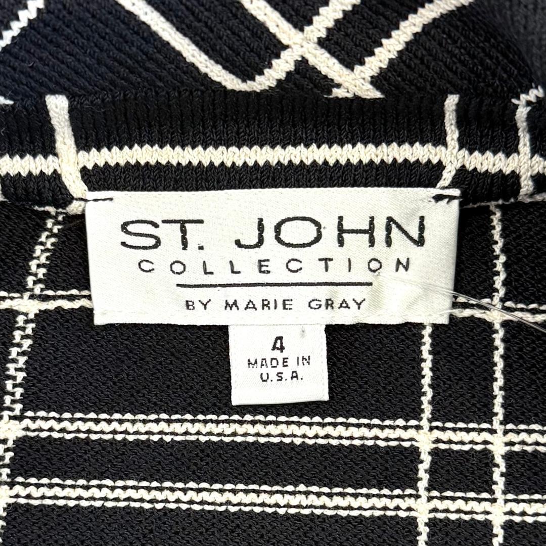 St. John Black & White Square Santana Knit Jacket – Fringe Trim & Hook-Front Closure – Size 4