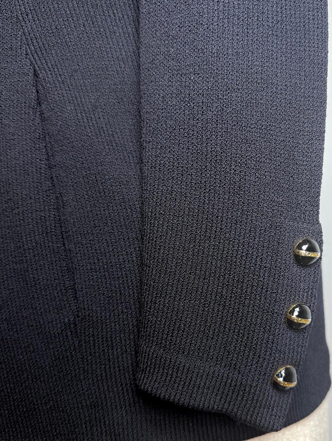 St. John Black Santana Knit Long Jacket – Logo Buttons – Multiple Sizes