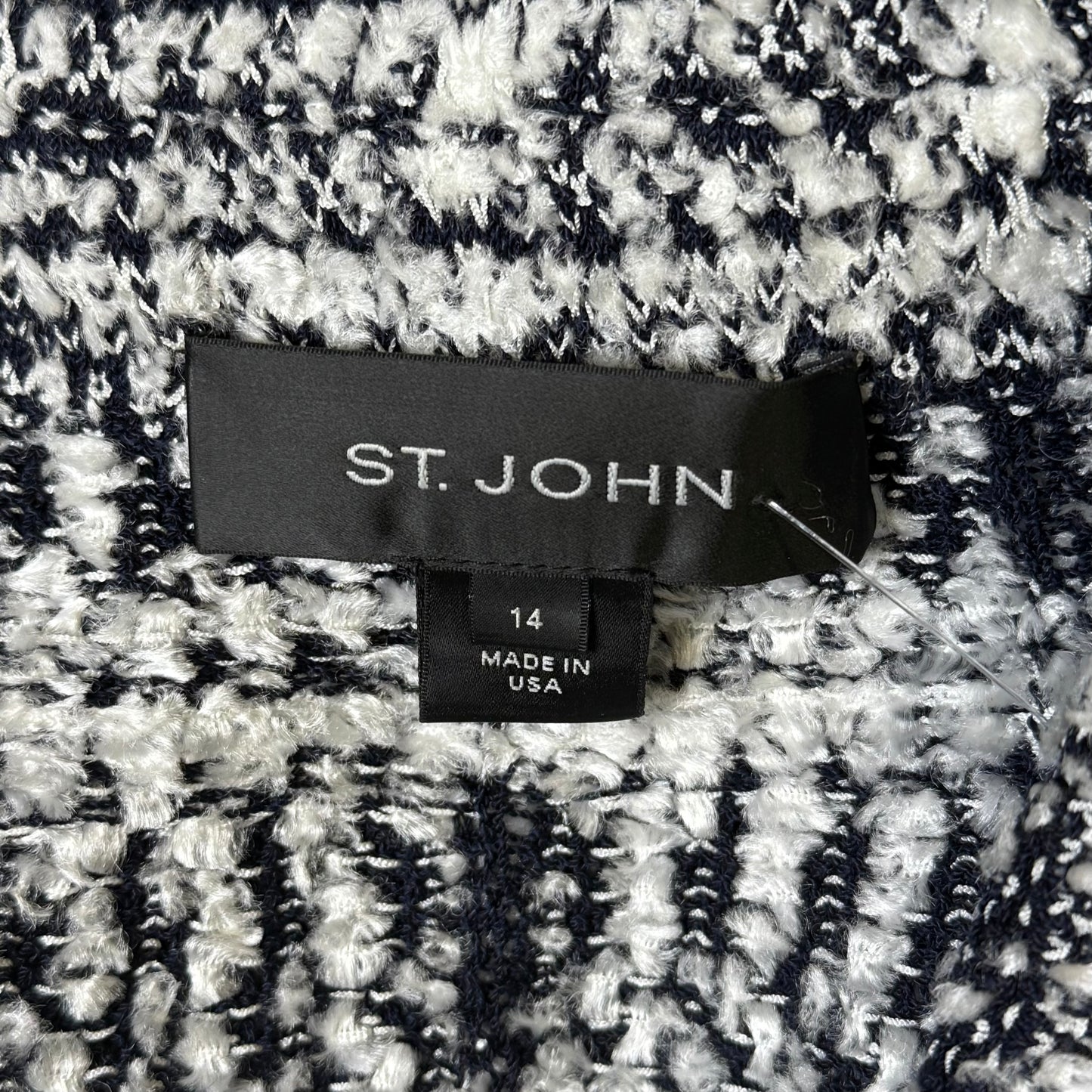 St. John Navy & White Textured Wool Blend Jacket – Stretchy Fringe Knit – Size 12