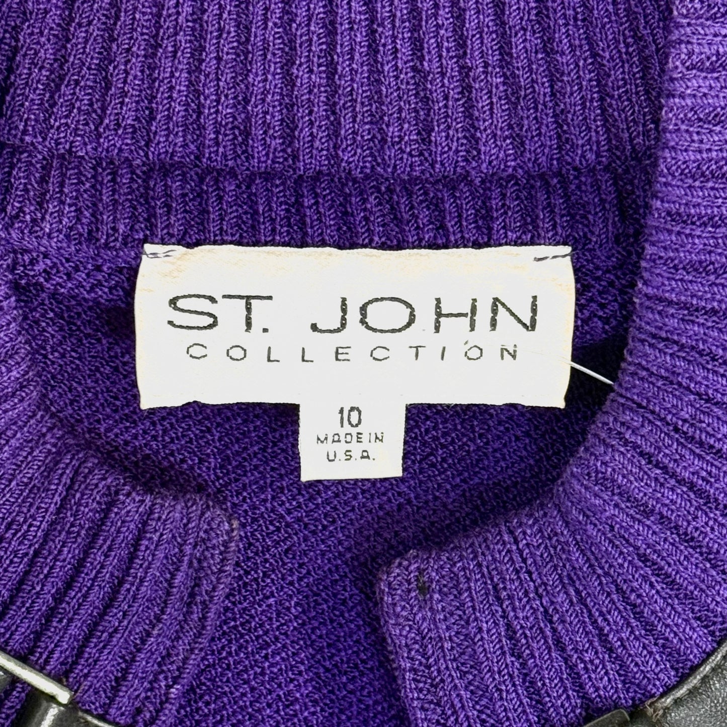 St. John Purple Santana Knit Zip Jacket – Black Leather Trim – Size 10