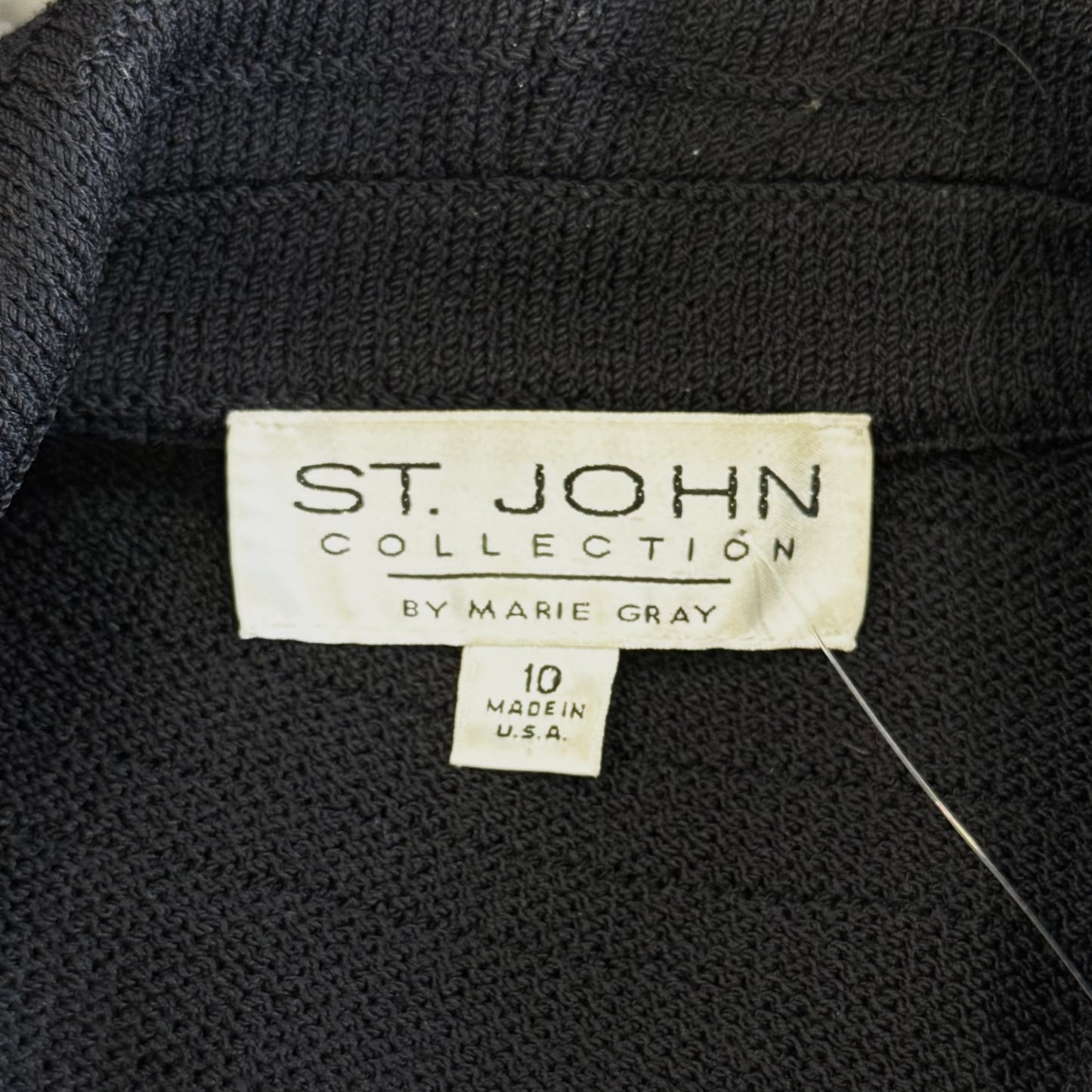 St. John Black Santana Knit Jacket – Gold Logo Buttons & Chain Detail – Size 10
