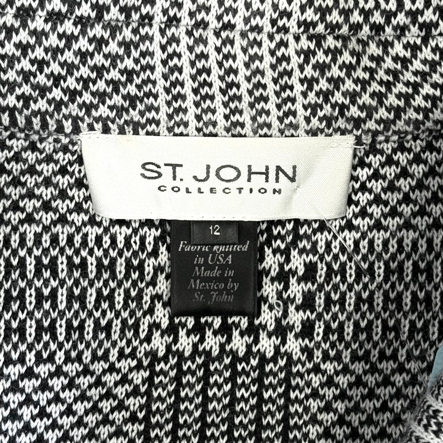 St. John Black & White Print Knit Jacket – Leather Trim – Size 12