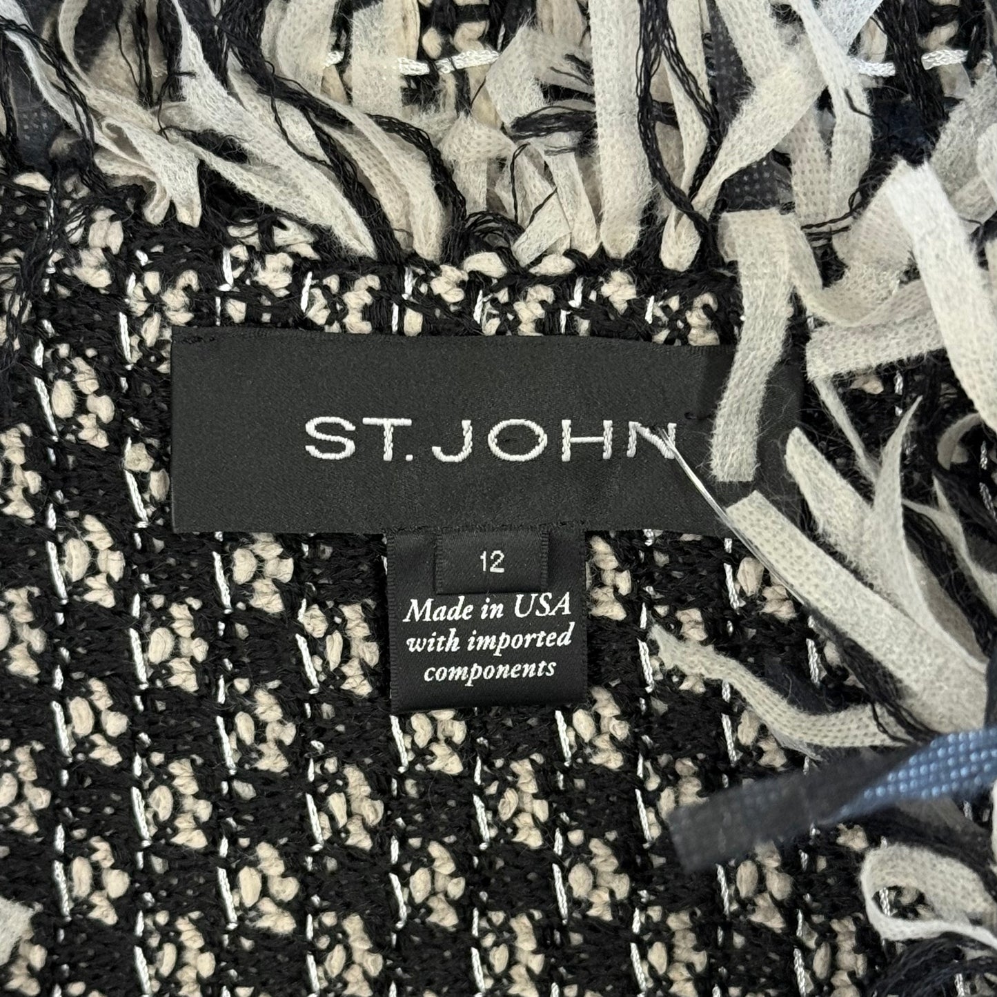St. John Black, White & Beige Textured Knit Jacket – Eyelash Fringe Trim – Size 12