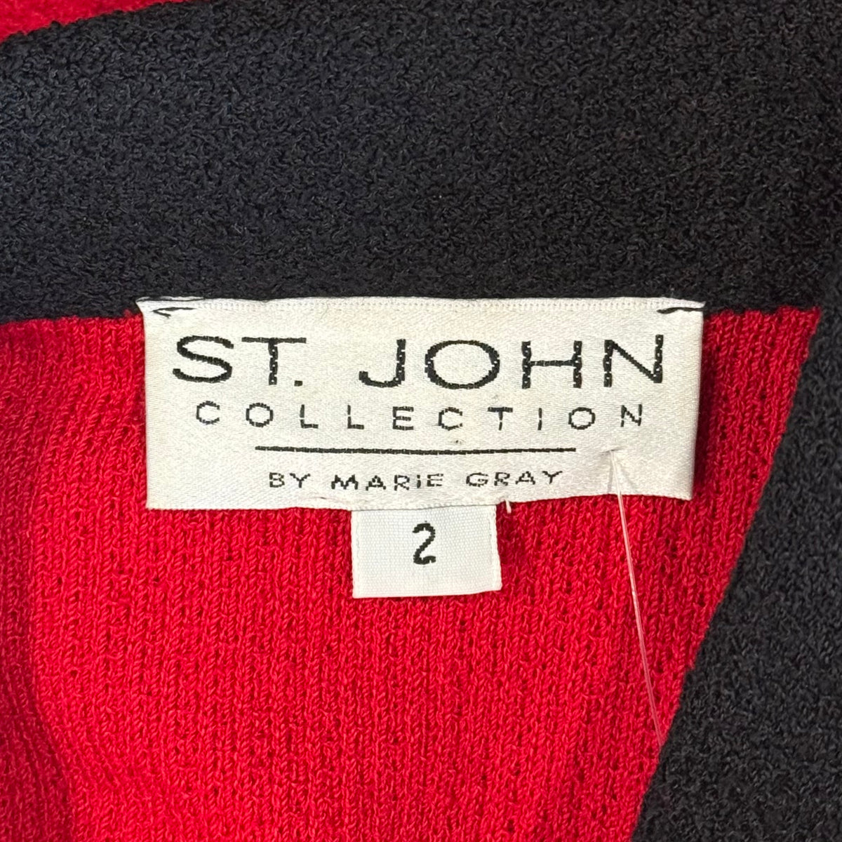 St. John Red Textured Santana Knit Jacket – Black Lapel & Gold Logo Buttons – Size 2