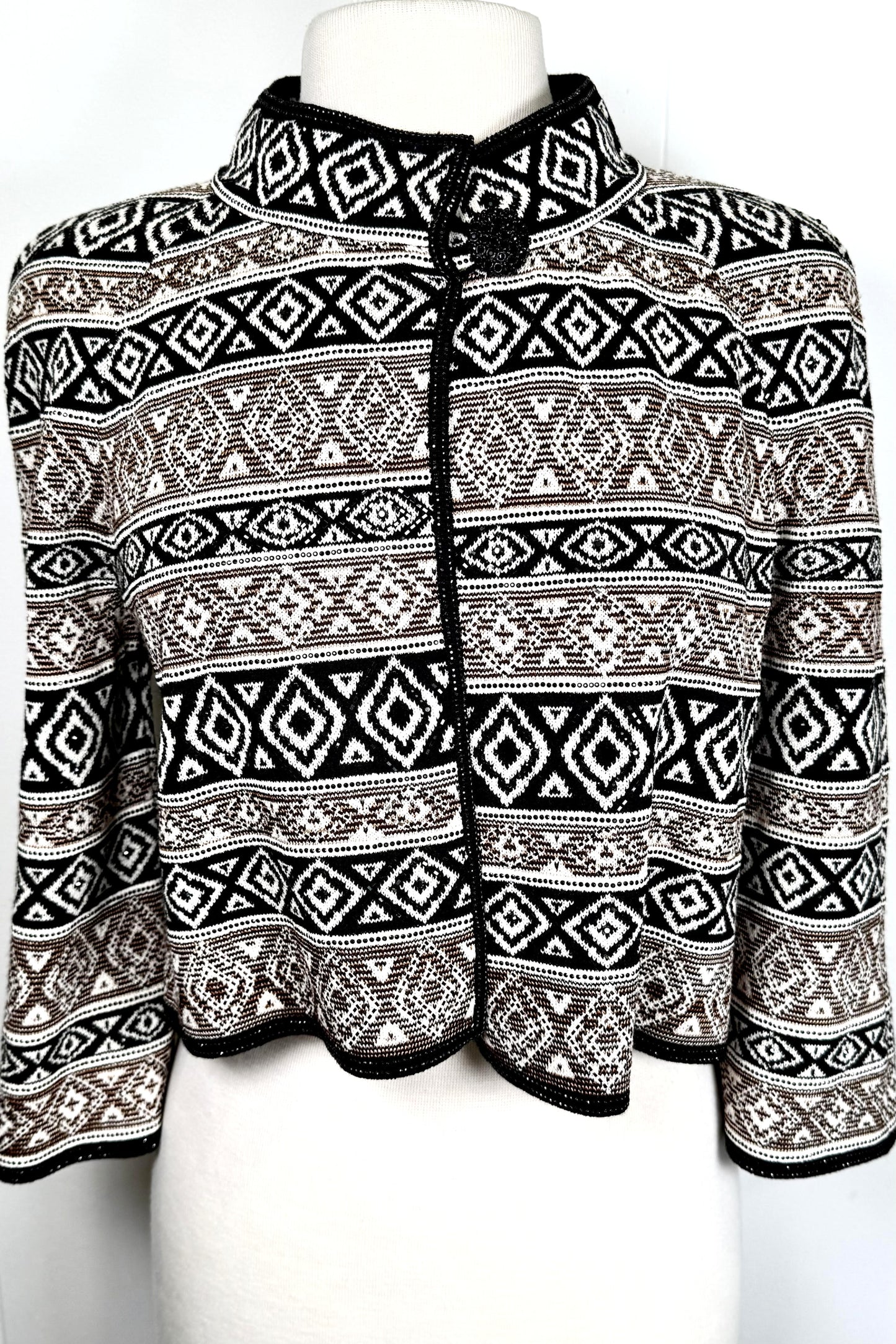 St. John Geometric Knit Short Jacket – Black, Beige & White with Paillettes - Size 2