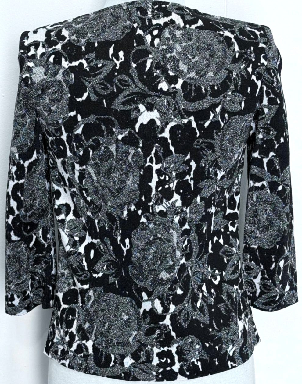St. John Floral Evening Jacket – Black, White & Silver with Crystal Neck Closure - Size 0
