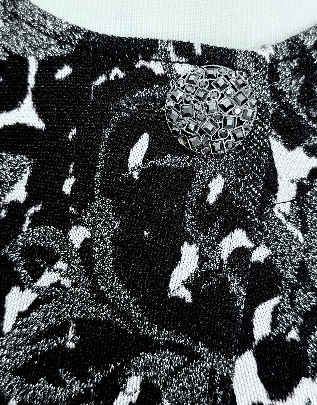 St. John Floral Evening Jacket – Black, White & Silver with Crystal Neck Closure - Size 0