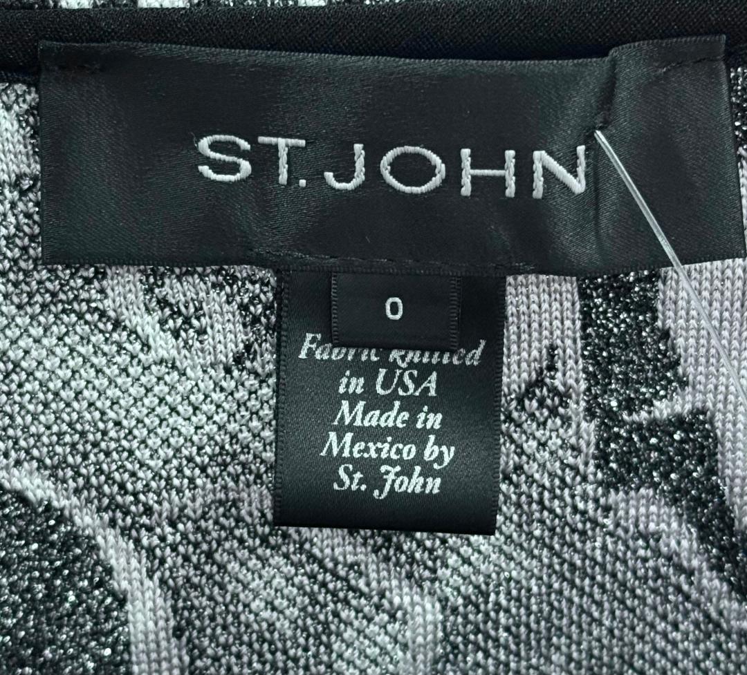 St. John Floral Evening Jacket – Black, White & Silver with Crystal Neck Closure - Size 0