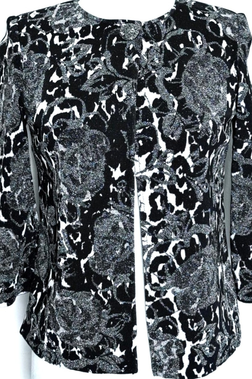 St. John Floral Evening Jacket – Black, White & Silver with Crystal Neck Closure - Size 0