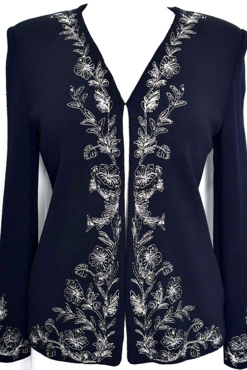St. John Santana Knit Jacket – Black with Gold Embroidery & Paillettes - Size 2