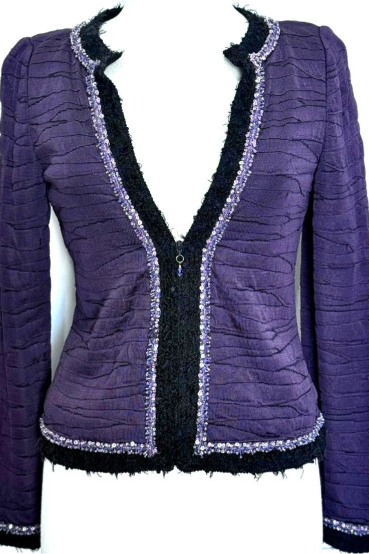 St. John Couture Knit Jacket – Purple with Sequin Embellishment & Eyelash Trim - Size 2