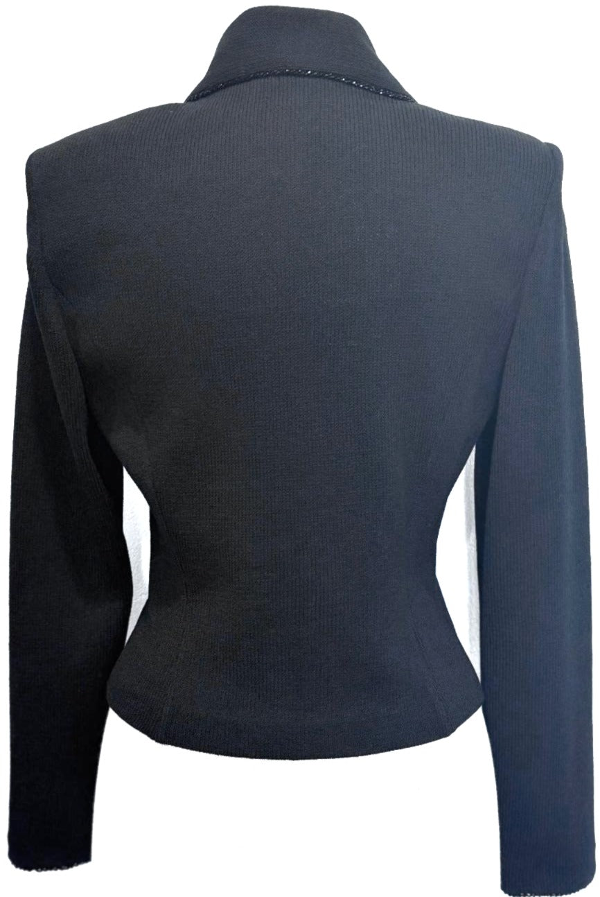 St. John Black Santana Knit Evening Jacket – Crystal Buttons & Sequin Trim - Size 4