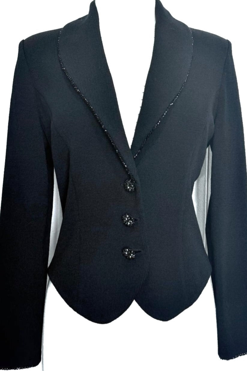 St. John Black Santana Knit Evening Jacket – Crystal Buttons & Sequin Trim - Size 4