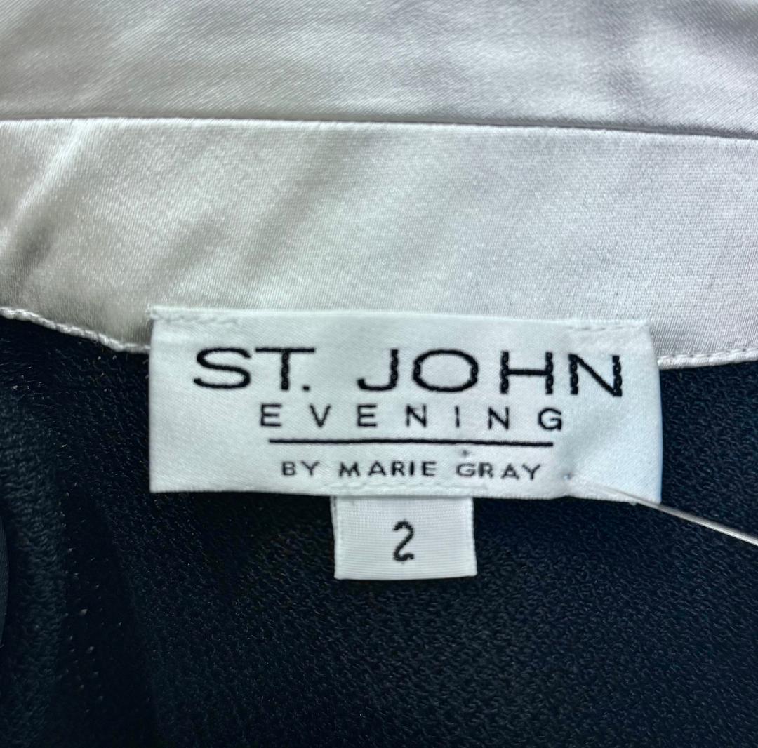 St. John Black Santana Knit Evening Jacket – White Silk Collar & Crystal Buttons - Size 2