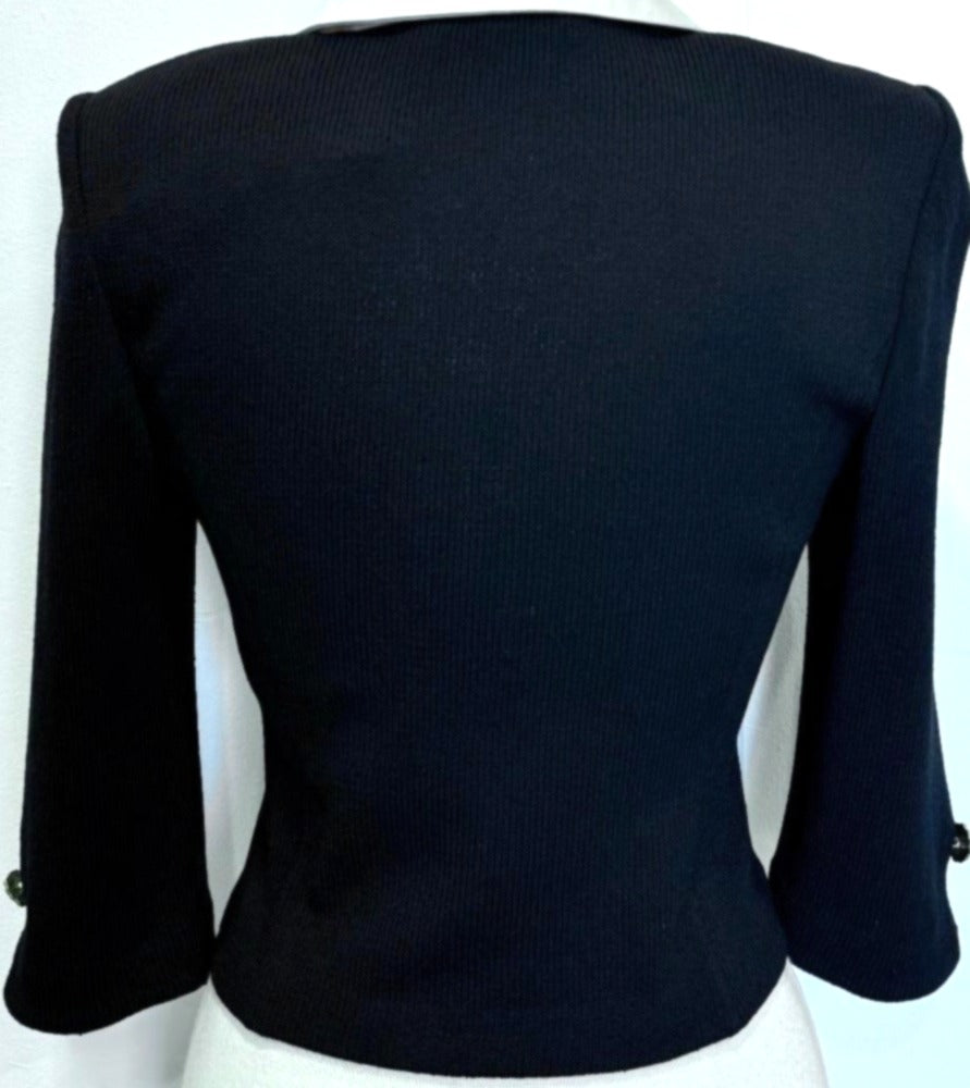 St. John Black Santana Knit Evening Jacket – White Silk Collar & Crystal Buttons - Size 2