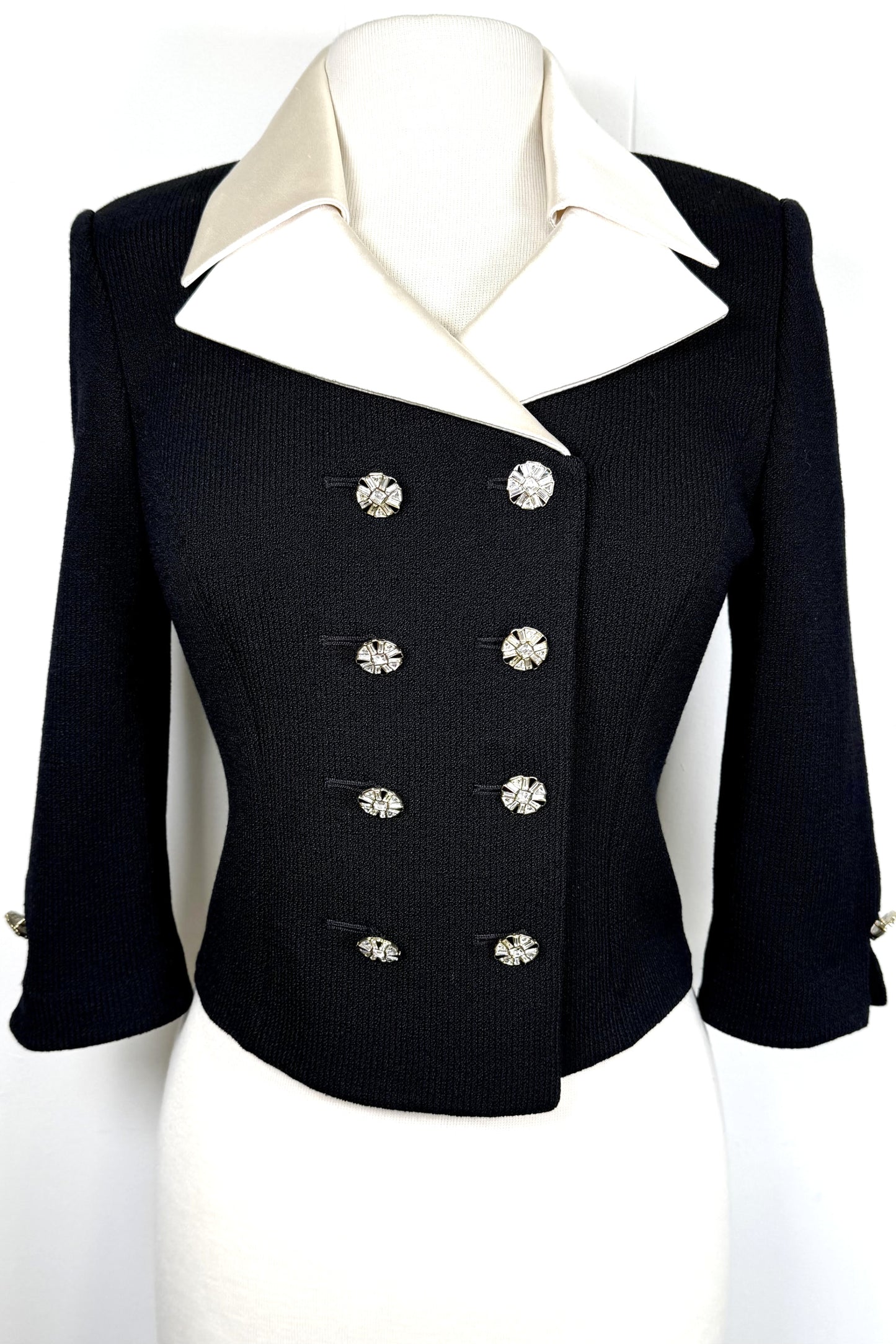 St. John Black Santana Knit Evening Jacket – White Silk Collar & Crystal Buttons - Size 2